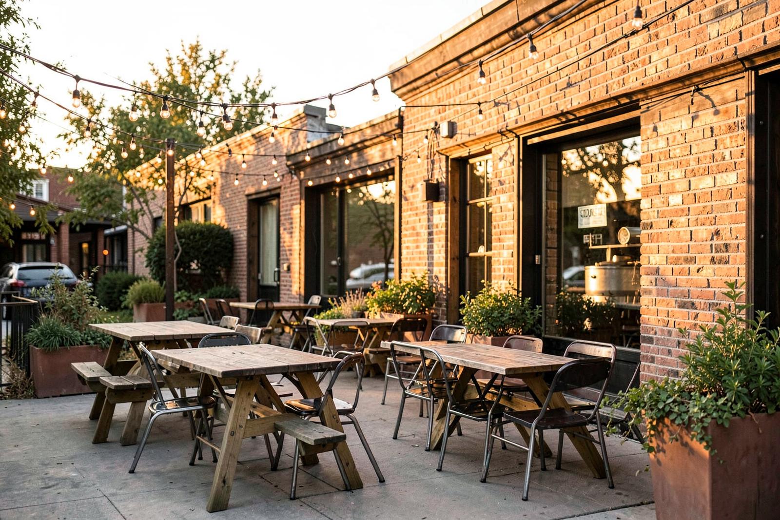 Open-air patio seating with wooden tables and string lights